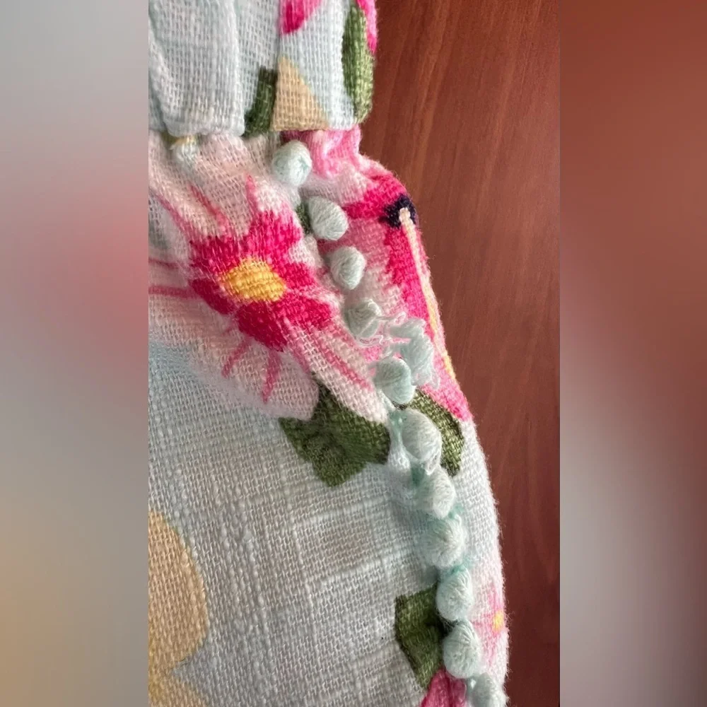 Little Me - Pink-Yellow flower print Pom-Pom woven romper (Size 3T)